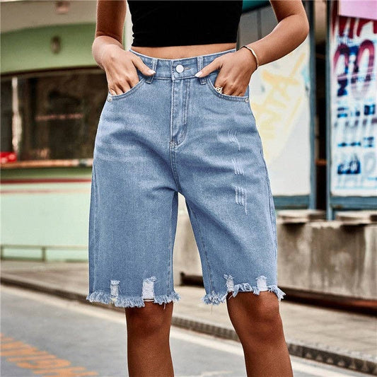 Distressed Denim Shorts With Frayed Hem